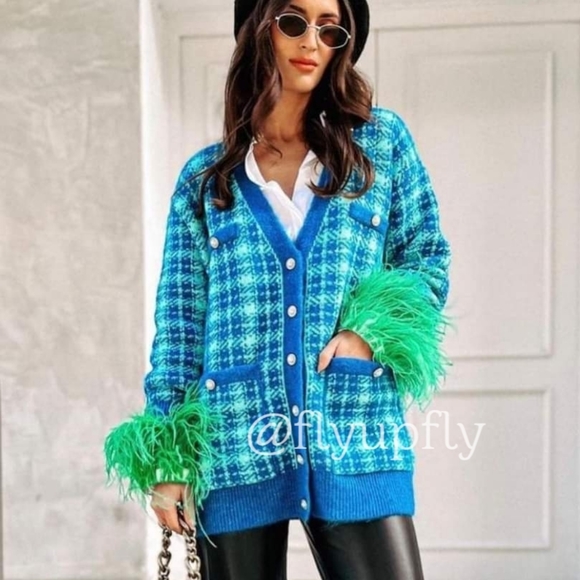 Zara * Plaid Knit Long Cardigan Jacket Blue - Picture 7 of 14